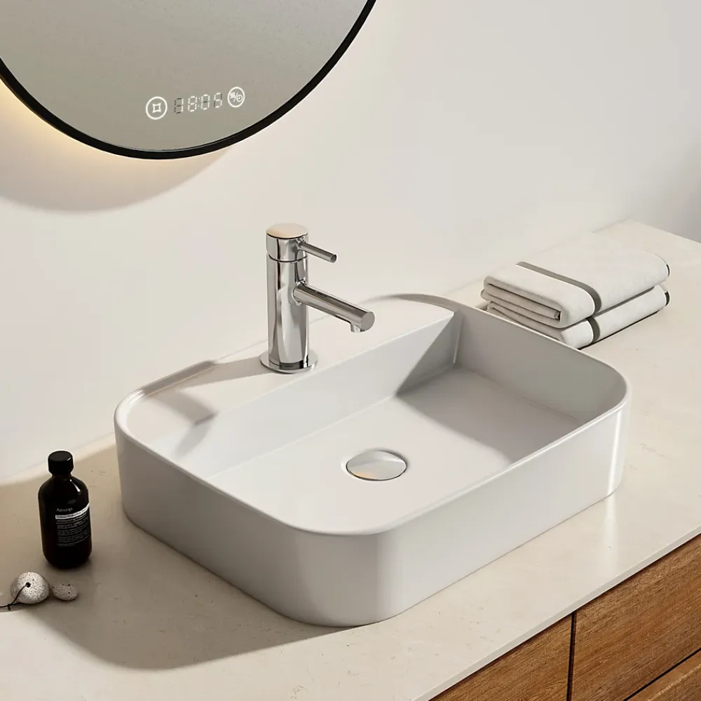EMKE Vasque à Poser en céramique 50x40x11cm, Lavabo rectangulaire avec robinet trou prépercé, Lavabo à poser blanc brillant