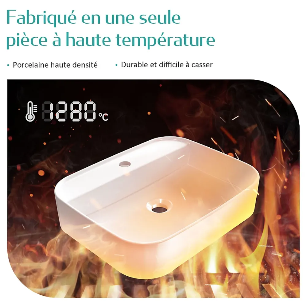 EMKE Vasque à Poser en céramique 50x40x11cm, Lavabo rectangulaire avec robinet trou prépercé, Lavabo à poser blanc brillant