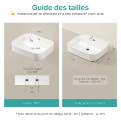 EMKE Vasque à Poser en céramique 50x40x11cm, Lavabo rectangulaire avec robinet trou prépercé, Lavabo à poser blanc brillant