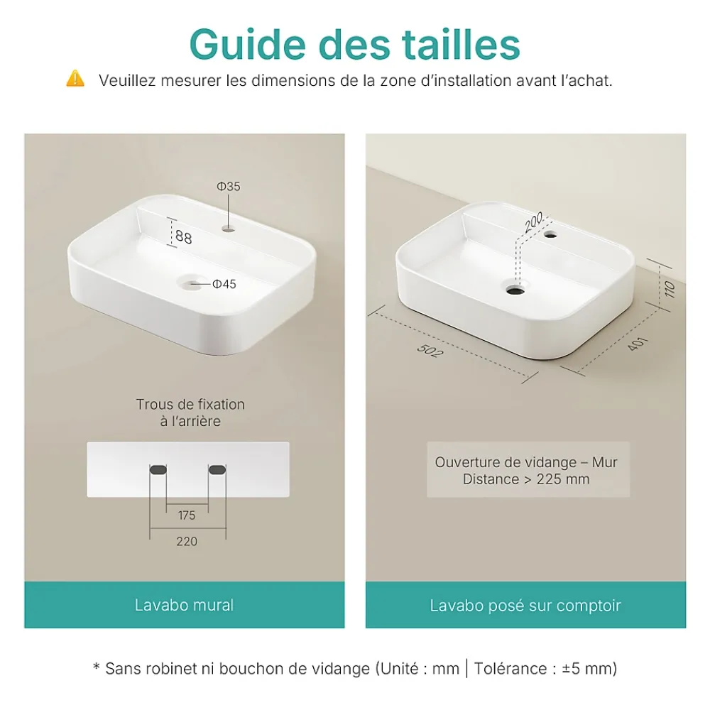 EMKE Vasque à Poser en céramique 50x40x11cm, Lavabo rectangulaire avec robinet trou prépercé, Lavabo à poser blanc brillant