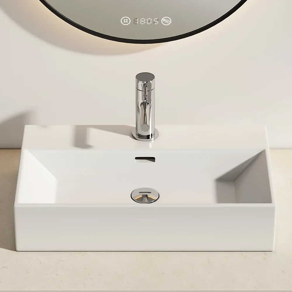 Vasque À Poser|EMKE Vasque à Poser en céramique 60x36x13cm, Lavabo rectangulaire avec robinet trou prépercé, Lavabo à poser blanc brillant
