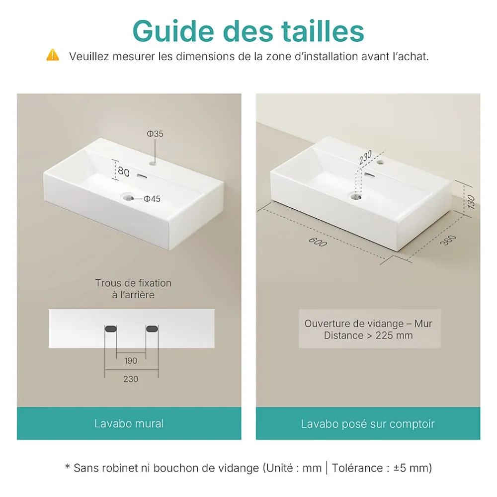 Vasque À Poser|EMKE Vasque à Poser en céramique 60x36x13cm, Lavabo rectangulaire avec robinet trou prépercé, Lavabo à poser blanc brillant