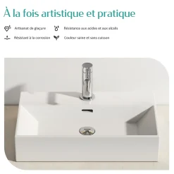 Vasque À Poser|EMKE Vasque à Poser en céramique 60x36x13cm, Lavabo rectangulaire avec robinet trou prépercé, Lavabo à poser blanc brillant
