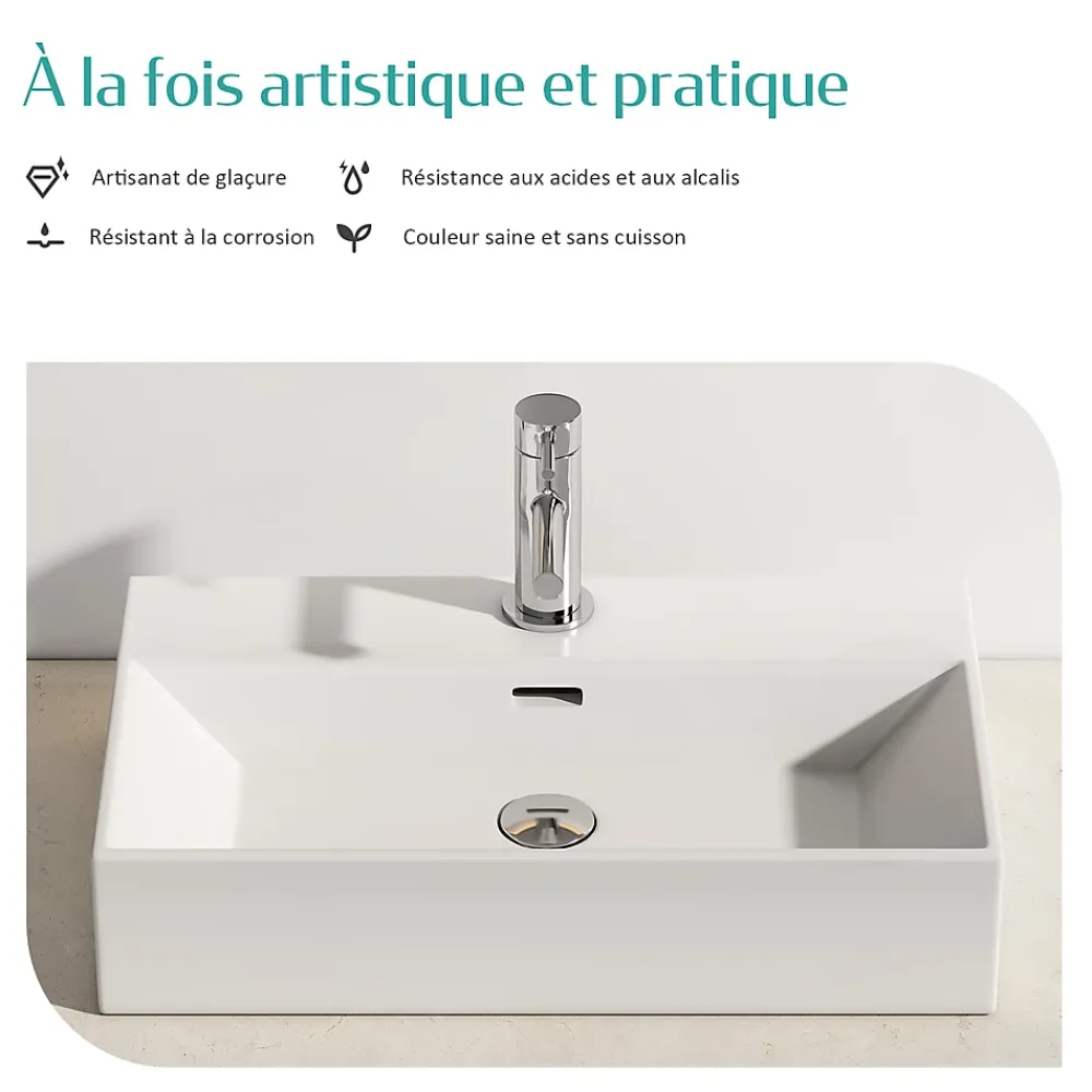 Vasque À Poser|EMKE Vasque à Poser en céramique 60x36x13cm, Lavabo rectangulaire avec robinet trou prépercé, Lavabo à poser blanc brillant