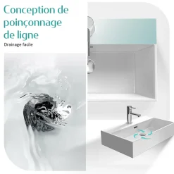 Vasque À Poser|EMKE Vasque à Poser en céramique 60x36x13cm, Lavabo rectangulaire avec robinet trou prépercé, Lavabo à poser blanc brillant