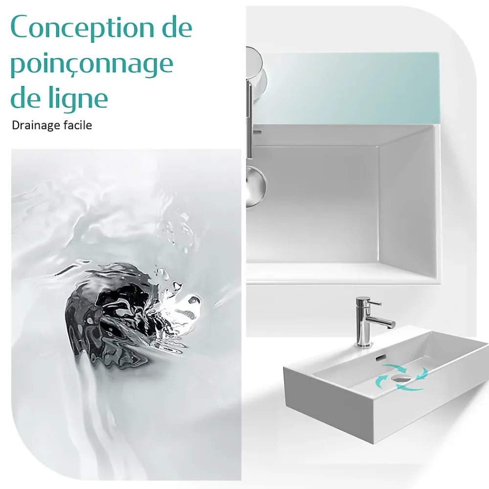 Vasque À Poser|EMKE Vasque à Poser en céramique 60x36x13cm, Lavabo rectangulaire avec robinet trou prépercé, Lavabo à poser blanc brillant