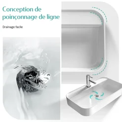 EMKE Vasque à Poser en céramique 60x40x11cm, Lavabo rectangulaire avec robinet trou prépercé, Lavabo à poser blanc brillant