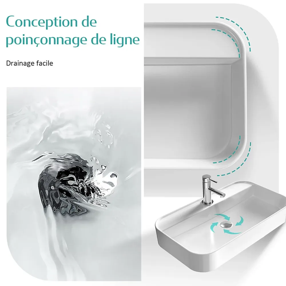 EMKE Vasque à Poser en céramique 60x40x11cm, Lavabo rectangulaire avec robinet trou prépercé, Lavabo à poser blanc brillant