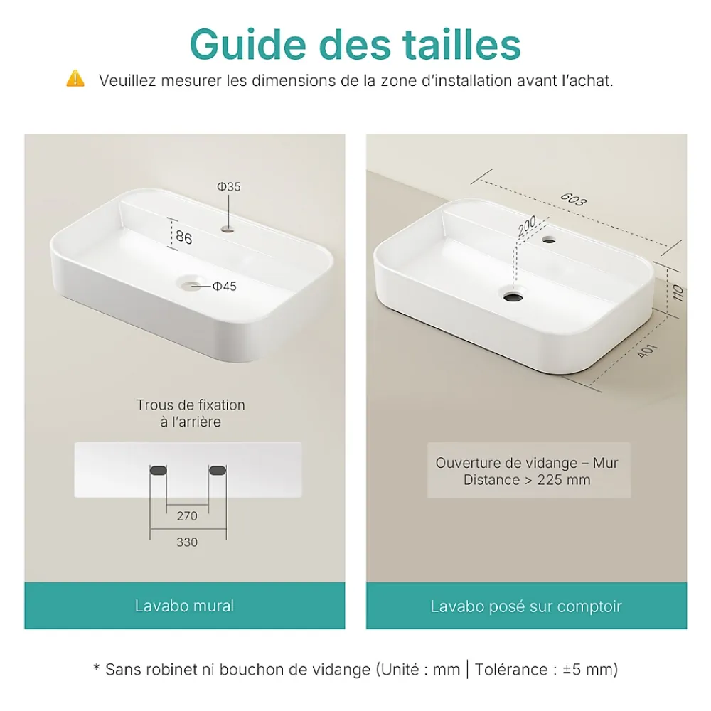 EMKE Vasque à Poser en céramique 60x40x11cm, Lavabo rectangulaire avec robinet trou prépercé, Lavabo à poser blanc brillant
