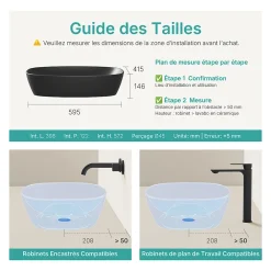 EMKE Vasque à Poser Ovale, 600 x 415 x 135 mm, Lavabo en Céramique de Salle de Bain, Noir Mat