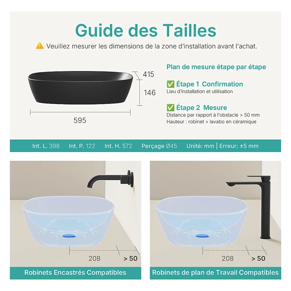 EMKE Vasque à Poser Ovale, 600 x 415 x 135 mm, Lavabo en Céramique de Salle de Bain, Noir Mat