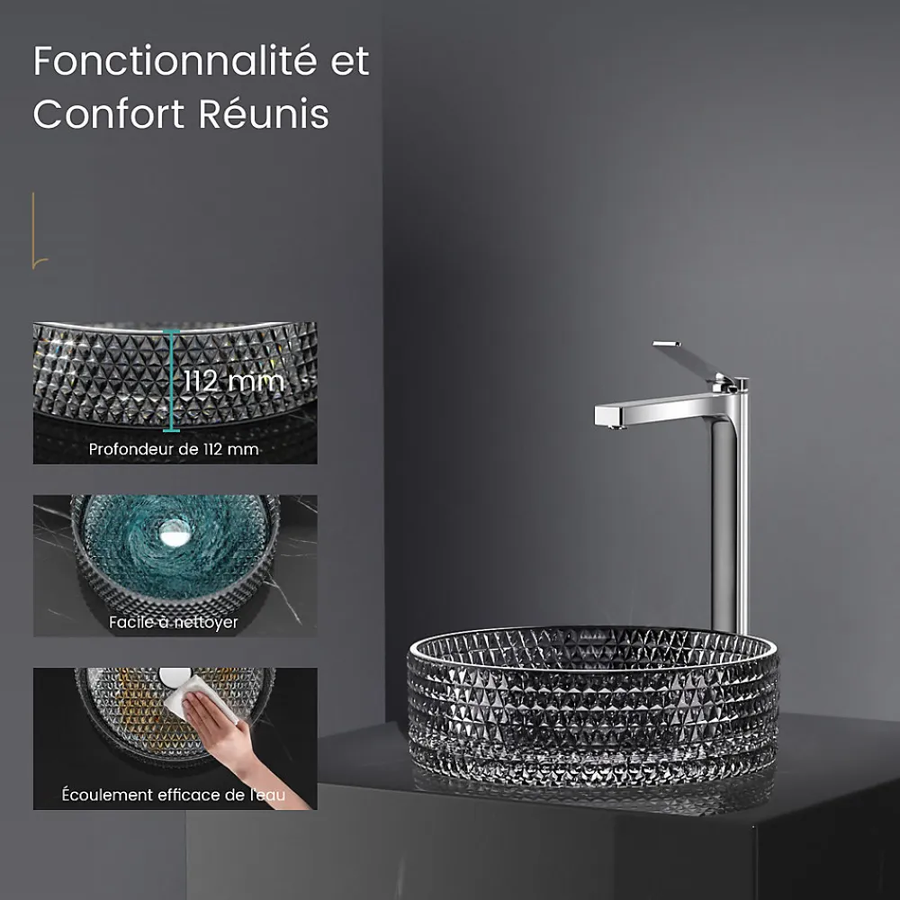 Vasque À Poser|EMKE Vasque à Poser Ronde, 360 x 360 x 112 mm, Lavabo en Verre Noir, Design Montage sur Comptoir
