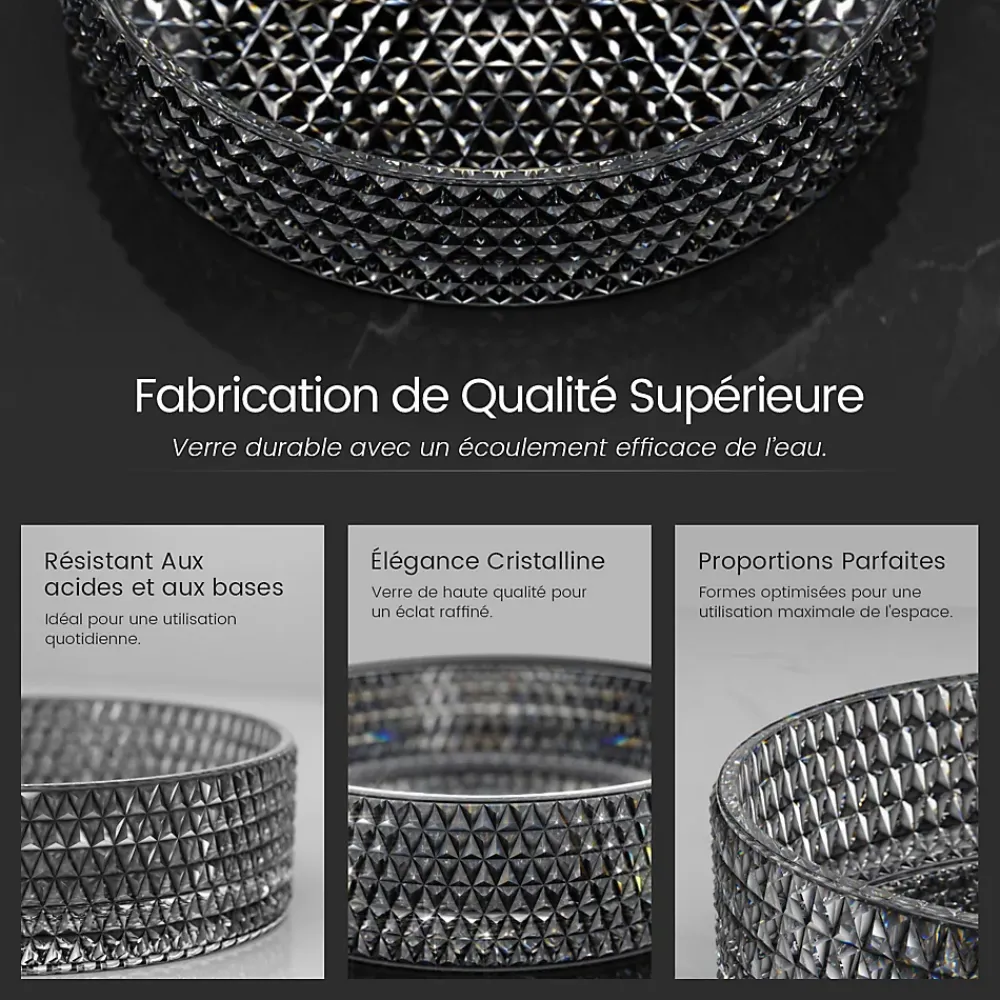 Vasque À Poser|EMKE Vasque à Poser Ronde, 360 x 360 x 112 mm, Lavabo en Verre Noir, Design Montage sur Comptoir