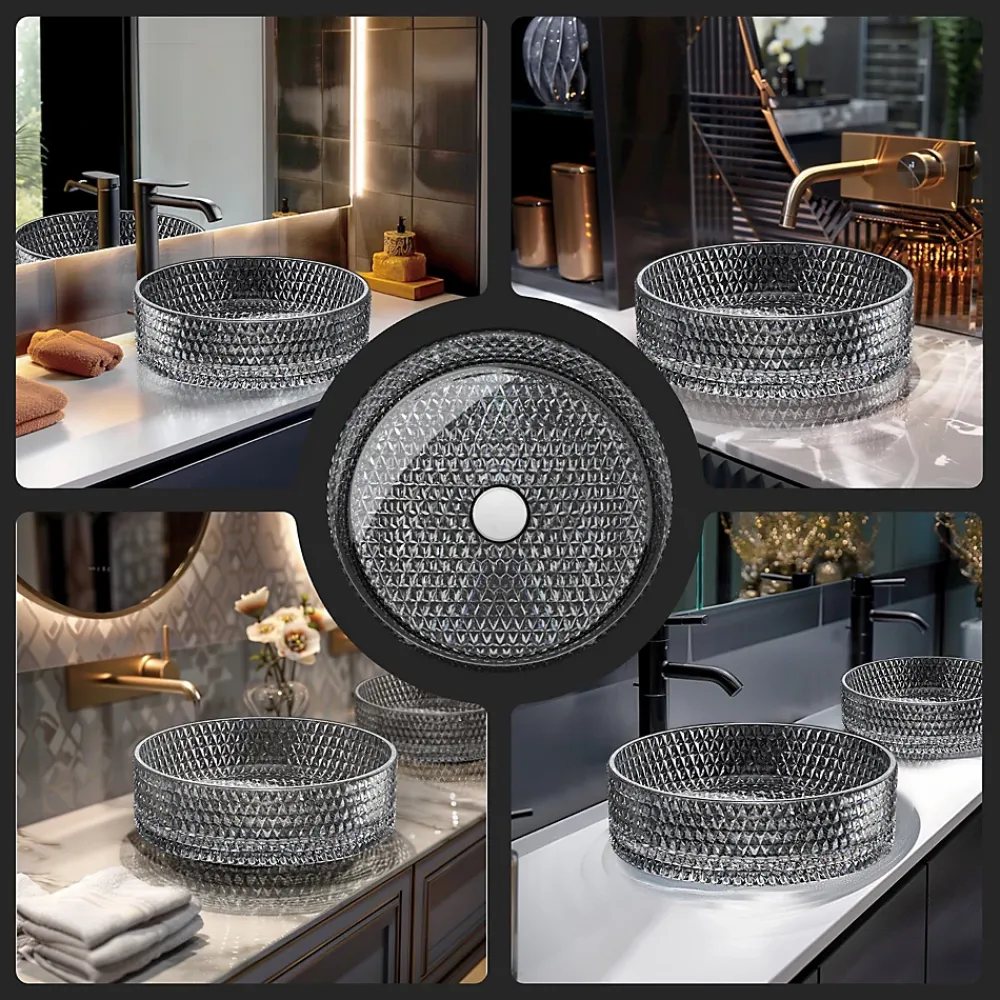Vasque À Poser|EMKE Vasque à Poser Ronde, 360 x 360 x 112 mm, Lavabo en Verre Noir, Design Montage sur Comptoir