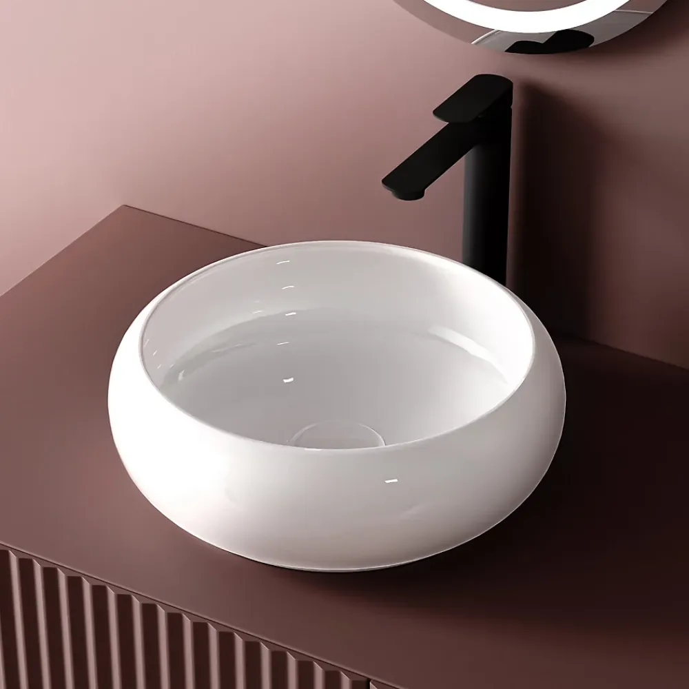 Vasque À Poser|EMKE Vasque à Poser Ronde 360 x 360 x 120mm, Lavabo de Salle de Bain en Céramique, Montage sur Comptoir, Blanc Brillant