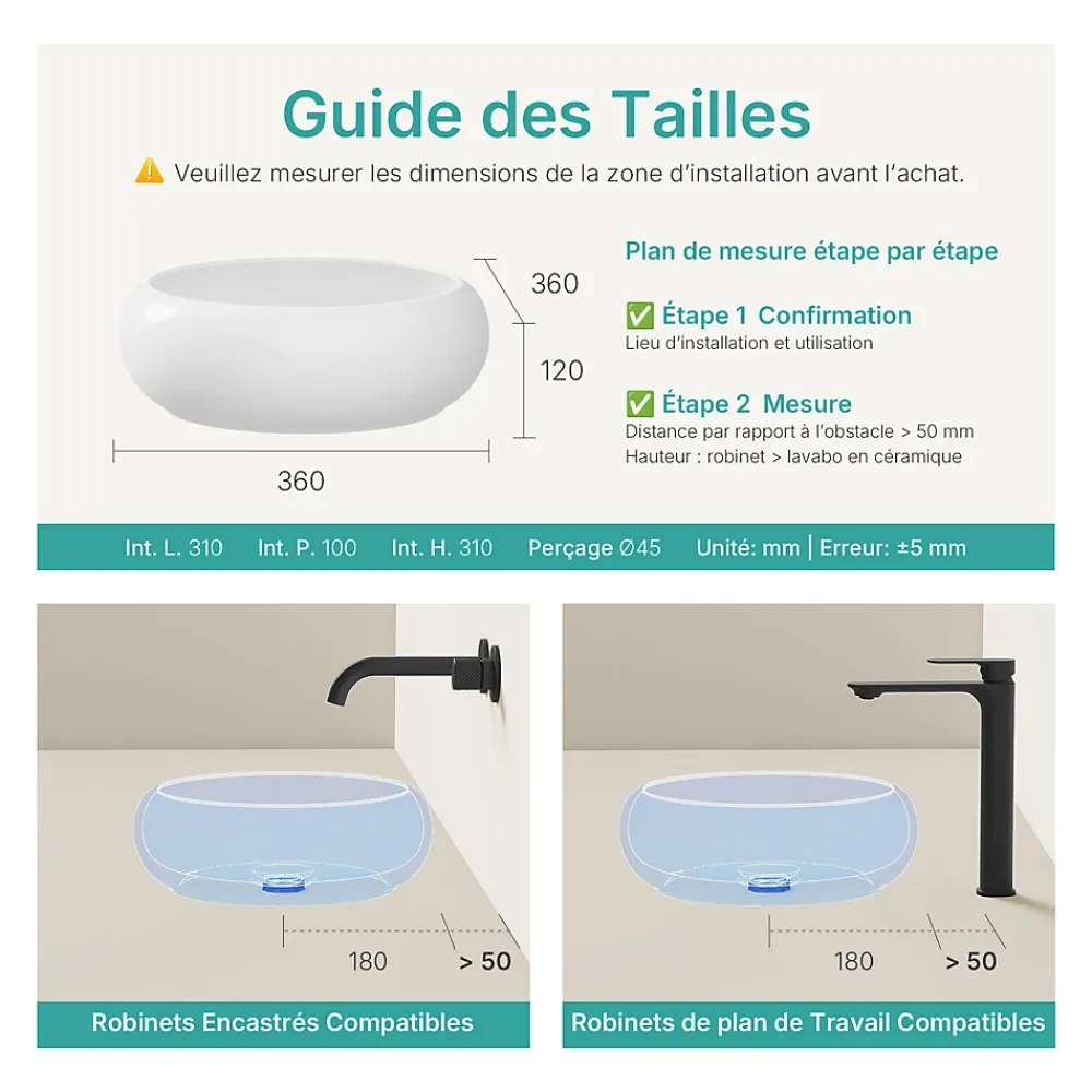 Vasque À Poser|EMKE Vasque à Poser Ronde 360 x 360 x 120mm, Lavabo de Salle de Bain en Céramique, Montage sur Comptoir, Blanc Brillant