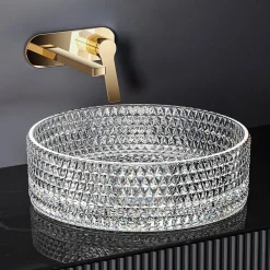 Vasque À Poser|EMKE Vasque à Poser Ronde, 360 x 360 x 112 mm, Lavabo en Verre Transparent, Design Montage sur Comptoir