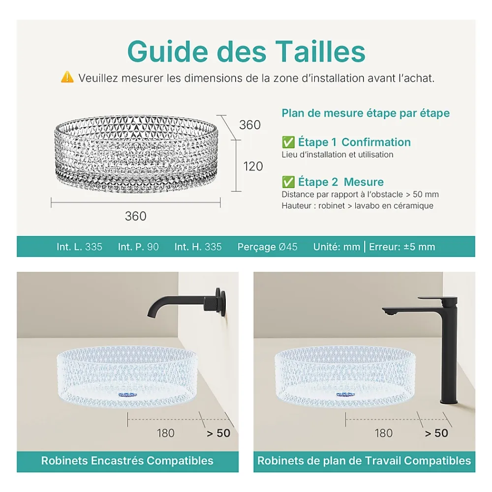 Vasque À Poser|EMKE Vasque à Poser Ronde, 360 x 360 x 112 mm, Lavabo en Verre Transparent, Design Montage sur Comptoir