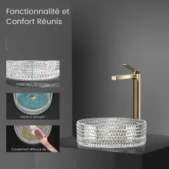 Vasque À Poser|EMKE Vasque à Poser Ronde, 360 x 360 x 112 mm, Lavabo en Verre Transparent, Design Montage sur Comptoir