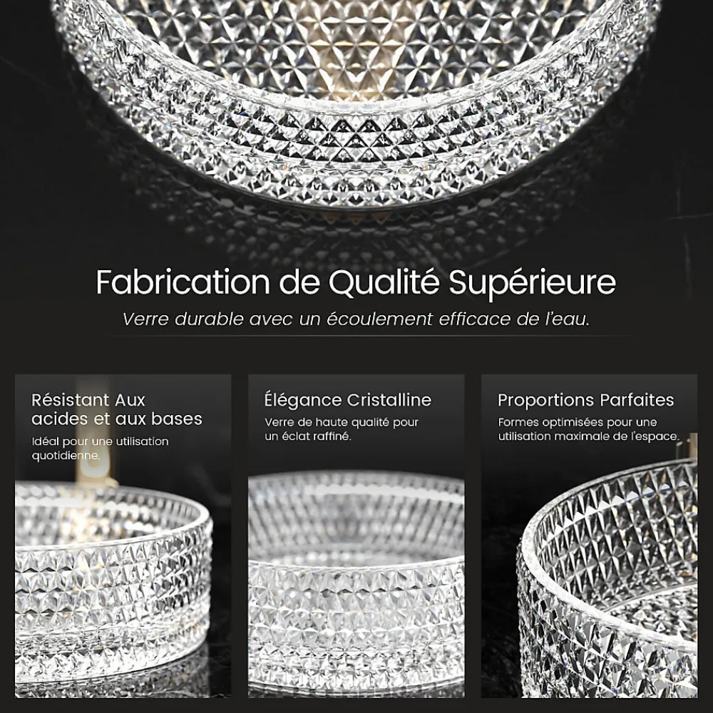 Vasque À Poser|EMKE Vasque à Poser Ronde, 360 x 360 x 112 mm, Lavabo en Verre Transparent, Design Montage sur Comptoir