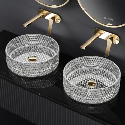 Vasque À Poser|EMKE Vasque à Poser Ronde, 360 x 360 x 112 mm, Lavabo en Verre Transparent, Design Montage sur Comptoir