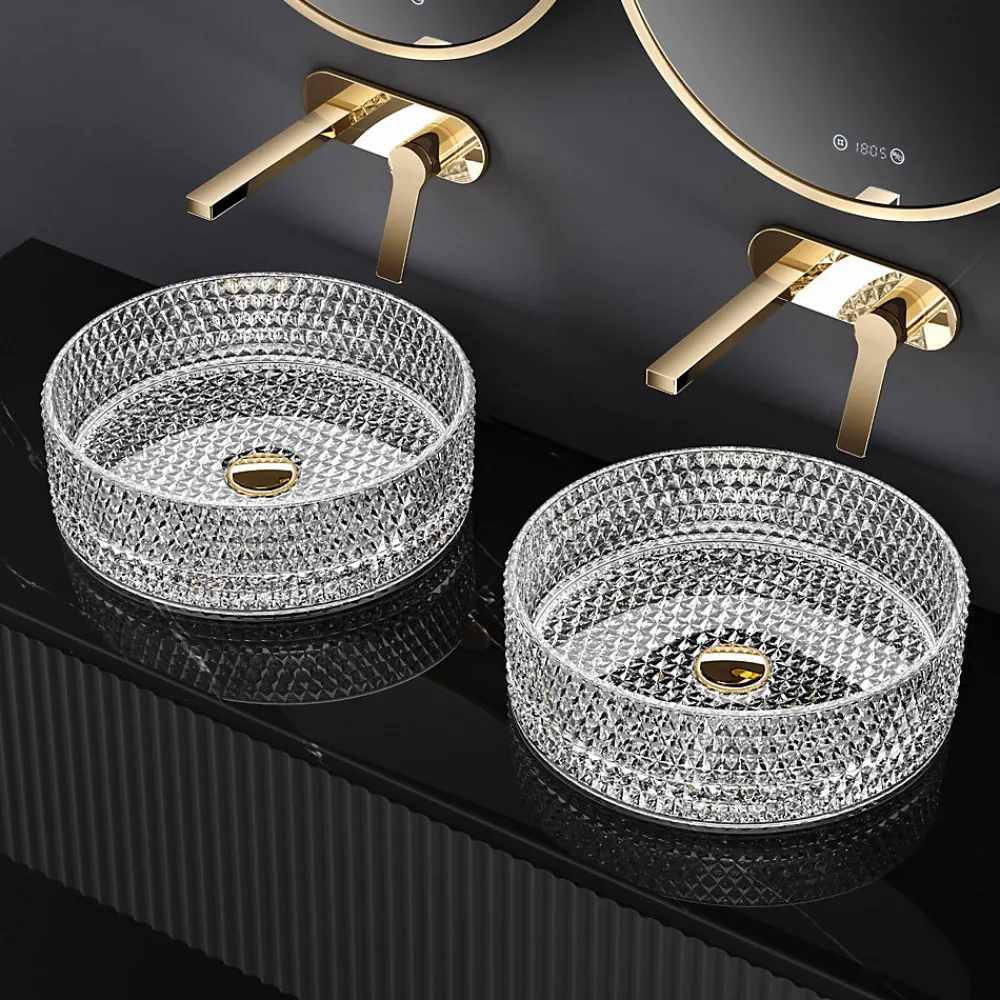 Vasque À Poser|EMKE Vasque à Poser Ronde, 360 x 360 x 112 mm, Lavabo en Verre Transparent, Design Montage sur Comptoir