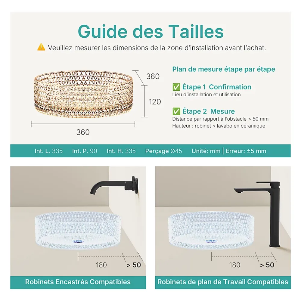 EMKE Vasque à Poser Ronde, 360 x 360 x 112 mm, Lavabo en Verre Or rose, Design Montage sur Comptoir