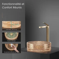 EMKE Vasque à Poser Ronde, 360 x 360 x 112 mm, Lavabo en Verre Or rose, Design Montage sur Comptoir