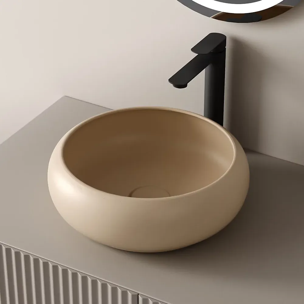 EMKE Vasque à Poser Ronde Incurvée 360 x 360 x 120mm, Lavabo de Salle de Bain en Céramique, Montage sur Comptoir, Beige mat