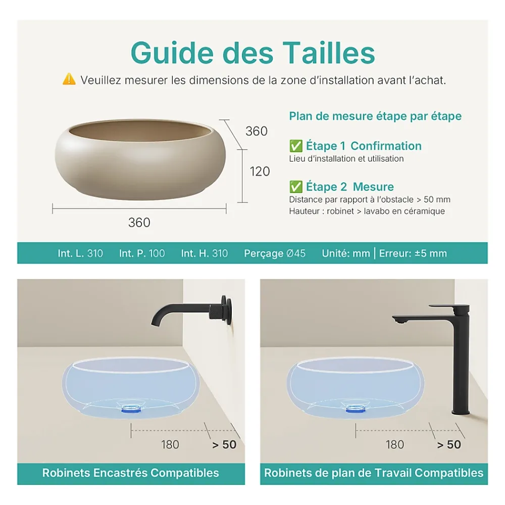 EMKE Vasque à Poser Ronde Incurvée 360 x 360 x 120mm, Lavabo de Salle de Bain en Céramique, Montage sur Comptoir, Beige mat