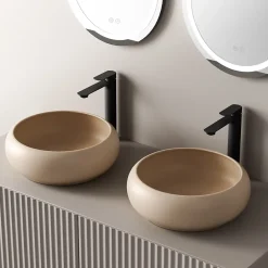 EMKE Vasque à Poser Ronde Incurvée 360 x 360 x 120mm, Lavabo de Salle de Bain en Céramique, Montage sur Comptoir, Beige mat
