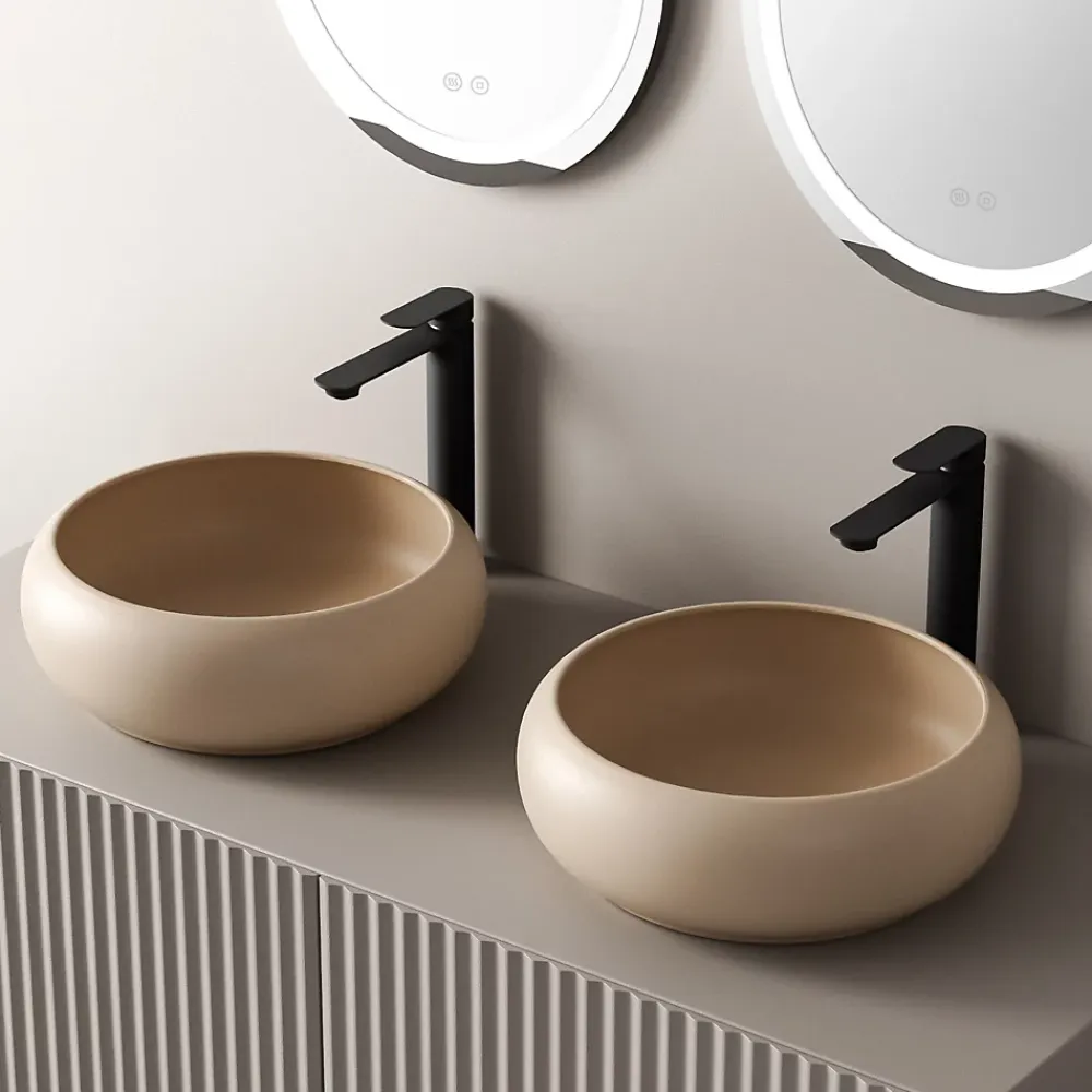 EMKE Vasque à Poser Ronde Incurvée 360 x 360 x 120mm, Lavabo de Salle de Bain en Céramique, Montage sur Comptoir, Beige mat