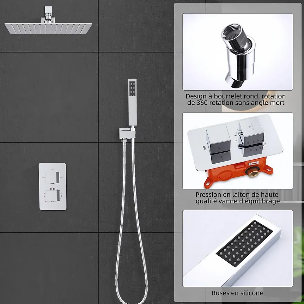 Colonne De Douche Encastrable|Homelody Encastré Colonne de Douche Thermostatique Système de Douche Grande Douche de Tête Set de Douche Encastrée en Laiton Chromé