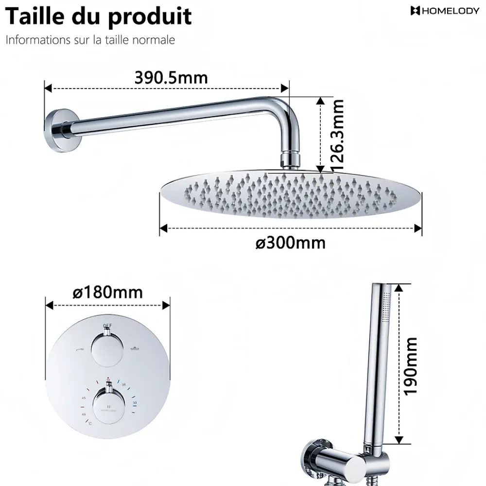 Homelody Encastré Colonne de Douche Thermostatique Système de Douche Rond Grande Douche de Tête Set de Douche Encastrée en Laiton Chromé