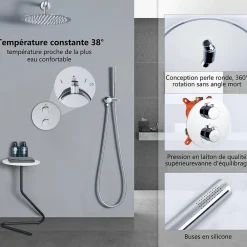 Homelody Encastré Colonne de Douche Thermostatique Système de Douche Rond Grande Douche de Tête Set de Douche Encastrée en Laiton Chromé