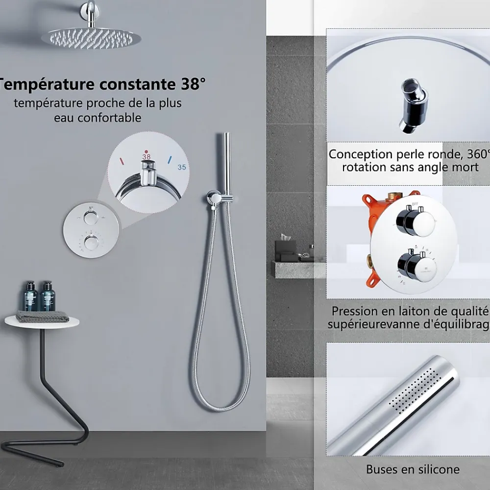 Homelody Encastré Colonne de Douche Thermostatique Système de Douche Rond Grande Douche de Tête Set de Douche Encastrée en Laiton Chromé