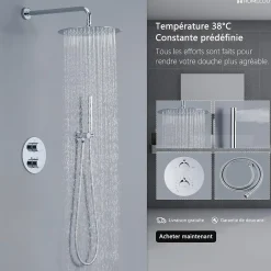 Homelody Encastré Colonne de Douche Thermostatique Système de Douche Rond Grande Douche de Tête Set de Douche Encastrée en Laiton Chromé