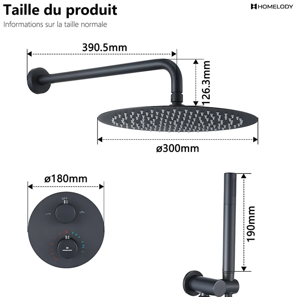 Homelody Encastré Ensemble de Douche Thermostatique Colonne de Douche Noir Système de douche Corps en Laiton