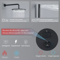 Homelody Encastré Ensemble de Douche Thermostatique Colonne de Douche Noir Système de douche Corps en Laiton