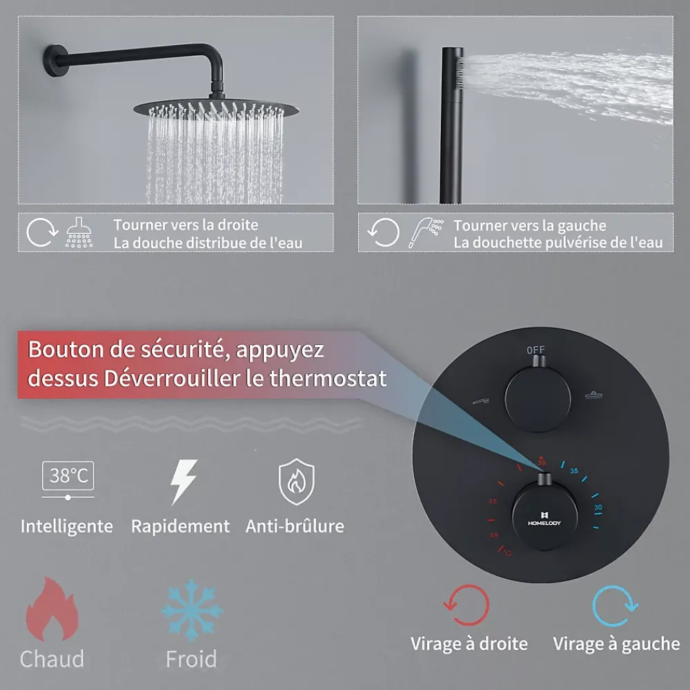 Homelody Encastré Ensemble de Douche Thermostatique Colonne de Douche Noir Système de douche Corps en Laiton