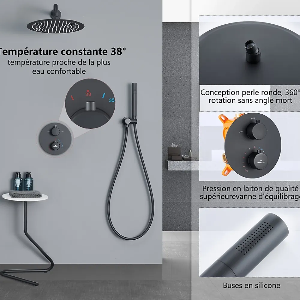 Homelody Encastré Ensemble de Douche Thermostatique Colonne de Douche Noir Système de douche Corps en Laiton