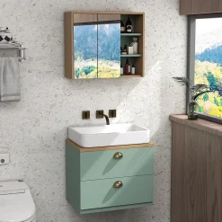 Meuble Sous-Vasque|kleankin Ensemble 2 meubles salle de bain - meuble sous-vasque suspendu, armoire murale miroir - aspect bois clair vert