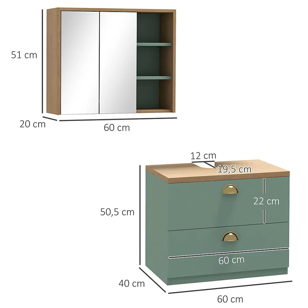 Meuble Sous-Vasque|kleankin Ensemble 2 meubles salle de bain - meuble sous-vasque suspendu, armoire murale miroir - aspect bois clair vert