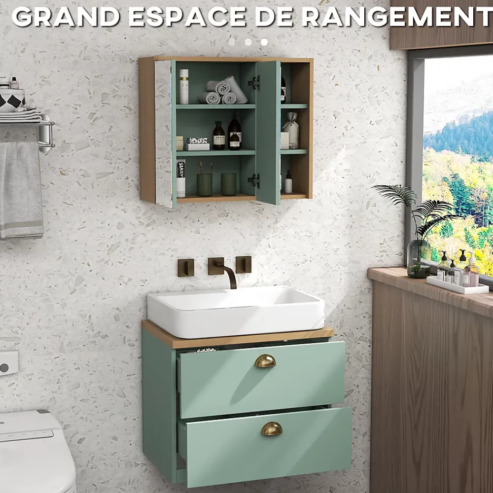 Meuble Sous-Vasque|kleankin Ensemble 2 meubles salle de bain - meuble sous-vasque suspendu, armoire murale miroir - aspect bois clair vert