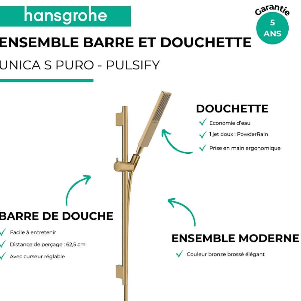 Pommeau De Douche, Flexible Et Barre De Douche|Hansgrohe Ensemble barre de douche Unica S Puro + Flexible + Pommeau de douche Pulsify E Bronze Brossé