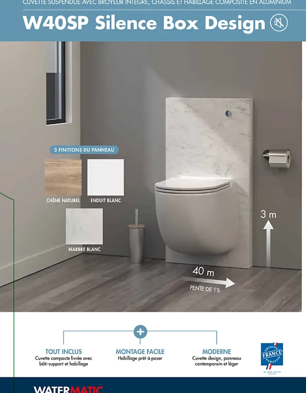 Watermatic Ensemble bâti-support+habillage couleur chêne naturel +Sanibroyeur+cuvette+abattant W40 Silence PMR norme handicapés