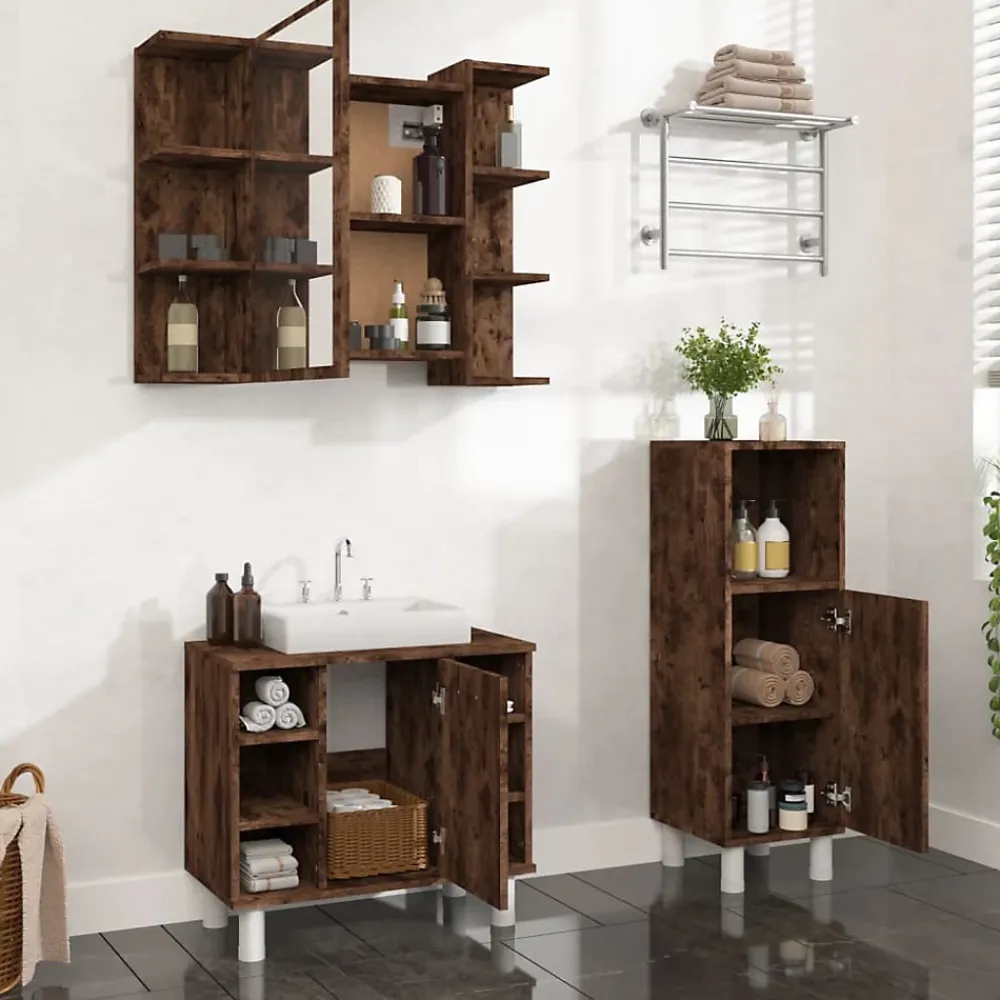 Vidaxl Ensemble d'armoires de salle de bain 3 pcs chêne fumé