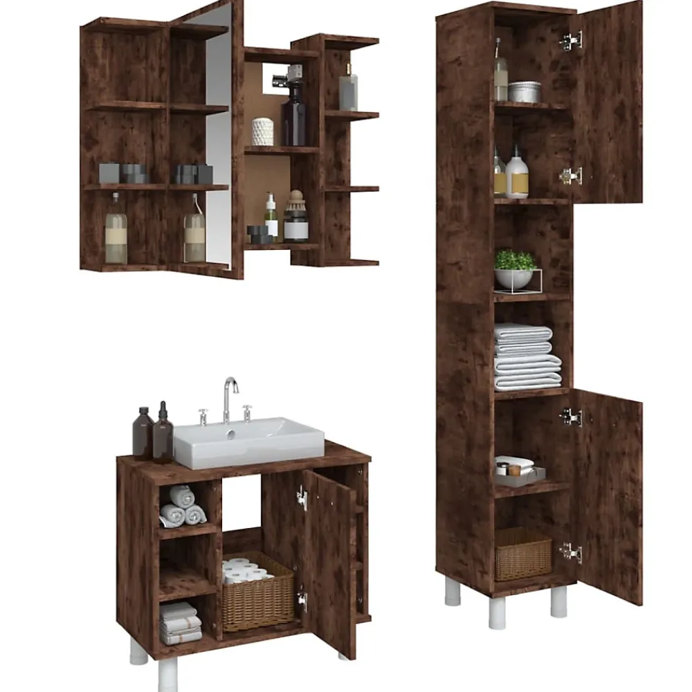 Vidaxl Ensemble d'armoires de salle de bain 3 pcs chêne fumé