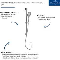 Pommeau De Douche, Flexible Et Barre De Douche|Villeroy & Boch Ensemble de douche 3 jets VILLEROY ET BOCH Verve Showers Or brossé