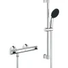 Grohe Ensemble de douche avec mitigeur thermostatique, pommeau 1 jet, barre 60cm et flexible - 34800001 - Economie d'eau - Chrom